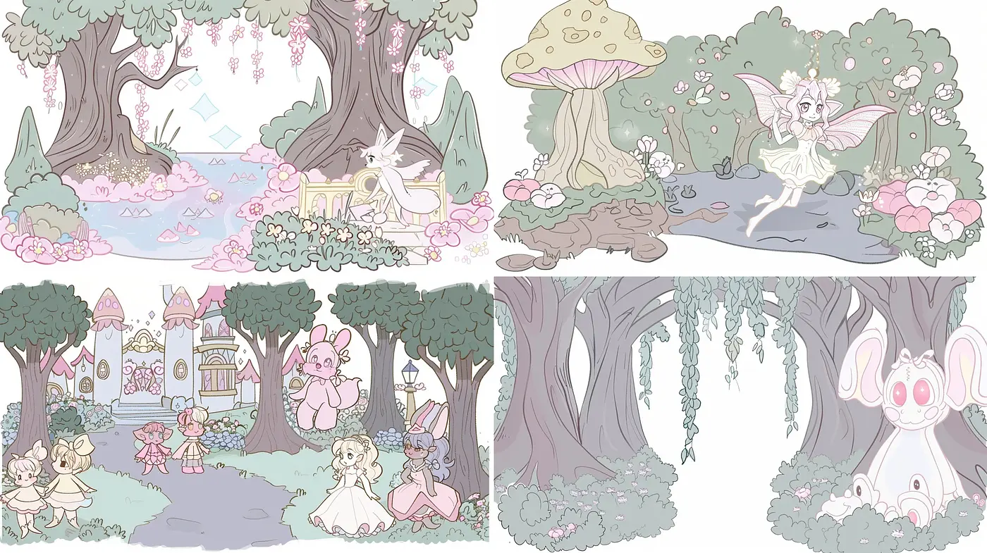 Enchanted Pastel Woodland: A Dreamlike Fusion of Soft Hues and Whimsical Lines - Midjourney sref style