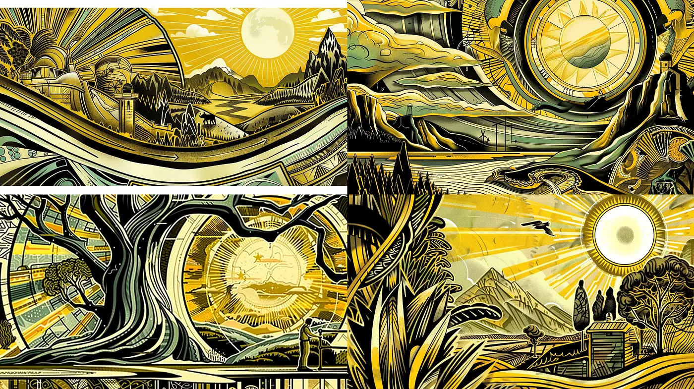 Luminous Art Nouveau Landscapes with Stylized Nature Elements - Midjourney sref style