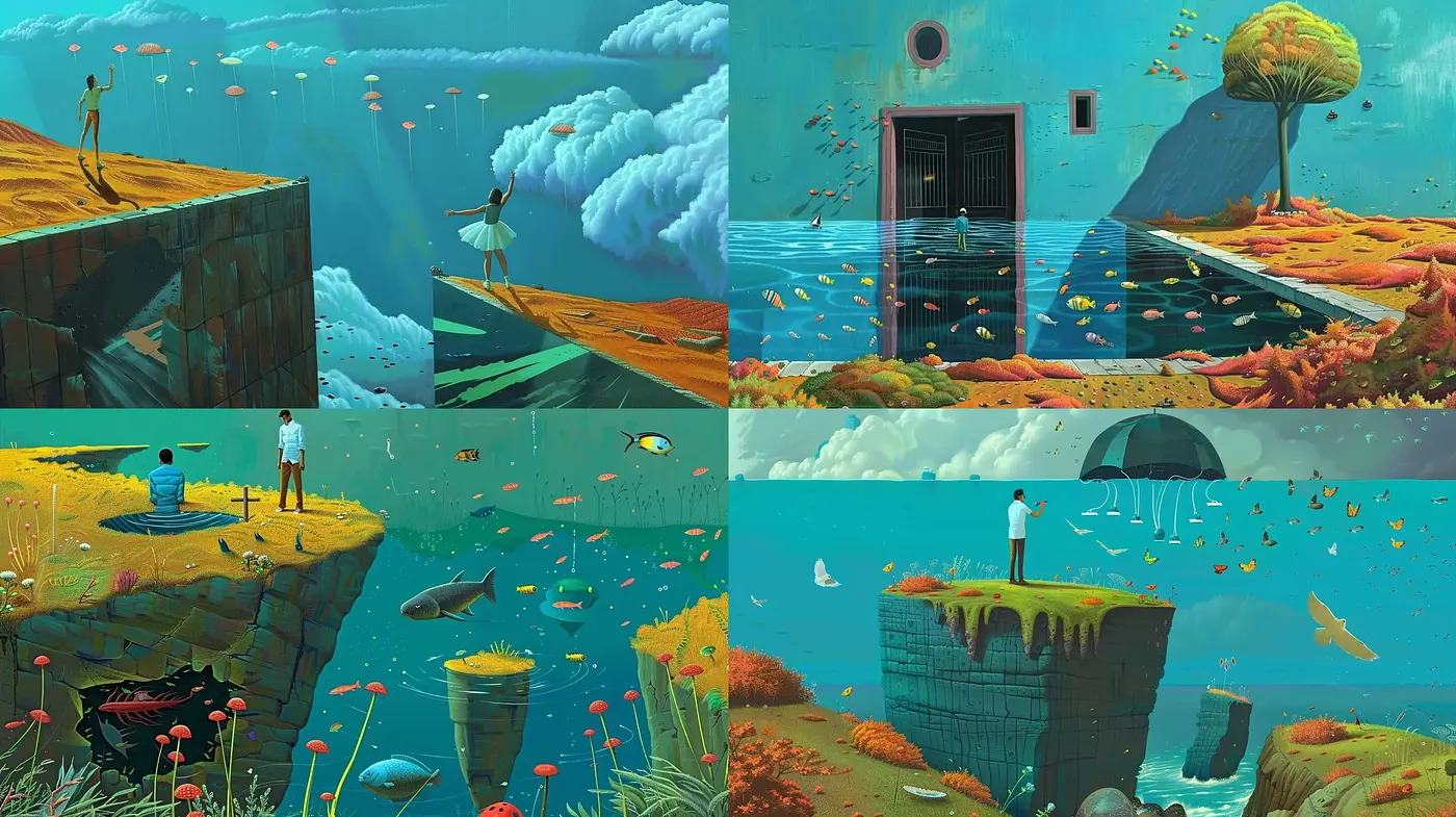 Surreal Aquatic Dreamscape with a Whimsical Color Spectrum - Midjourney sref style