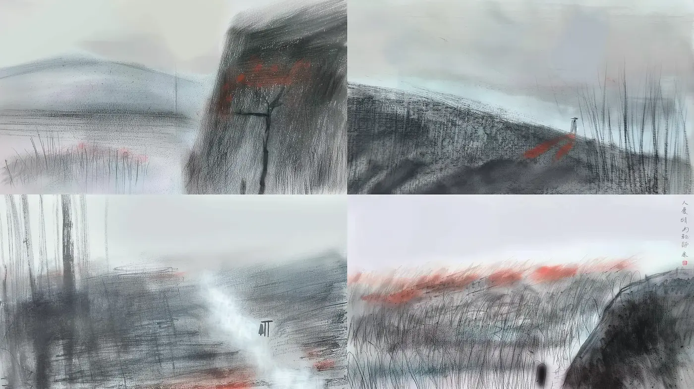 Ethereal Smudge and Streak: A Textural Dance of Monochrome and Red - Midjourney sref style