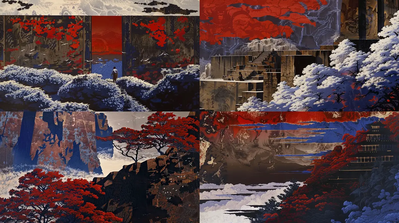 Ethereal Nature's Contrast: A Digital Tapestry Weaving Crimson and Ebony - Midjourney sref style