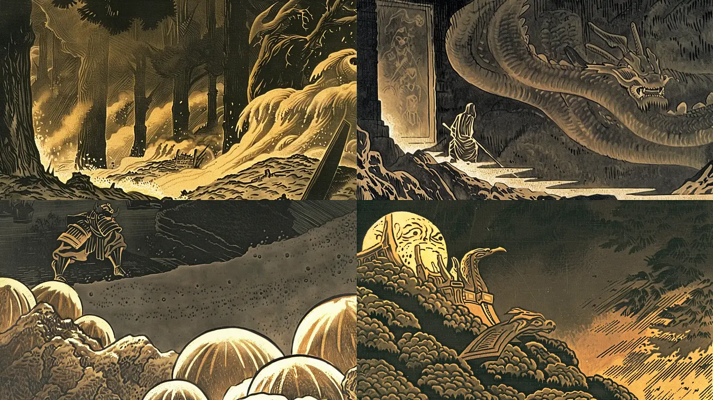Sepia-Toned Mythological Dreamscapes - Midjourney sref style