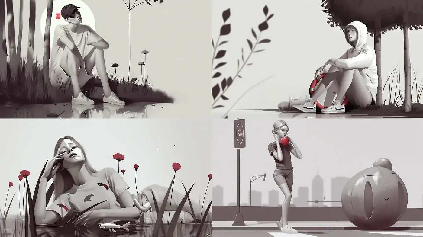 Monochromatic Urban Serenity with Subtle Pop Accents - Midjourney sref style