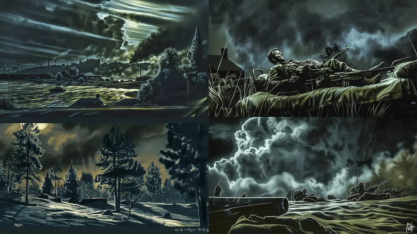 Dark and Atmospheric War Scenes with Expressionist Influences - Midjourney sref style