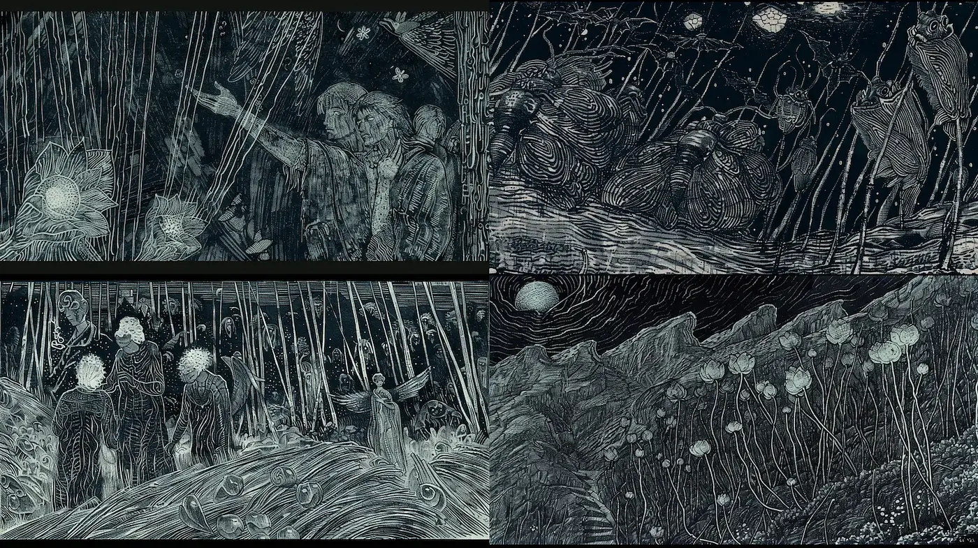 Expressionist Exploration with Dark Undertones and Intricate Detailing - Midjourney sref style