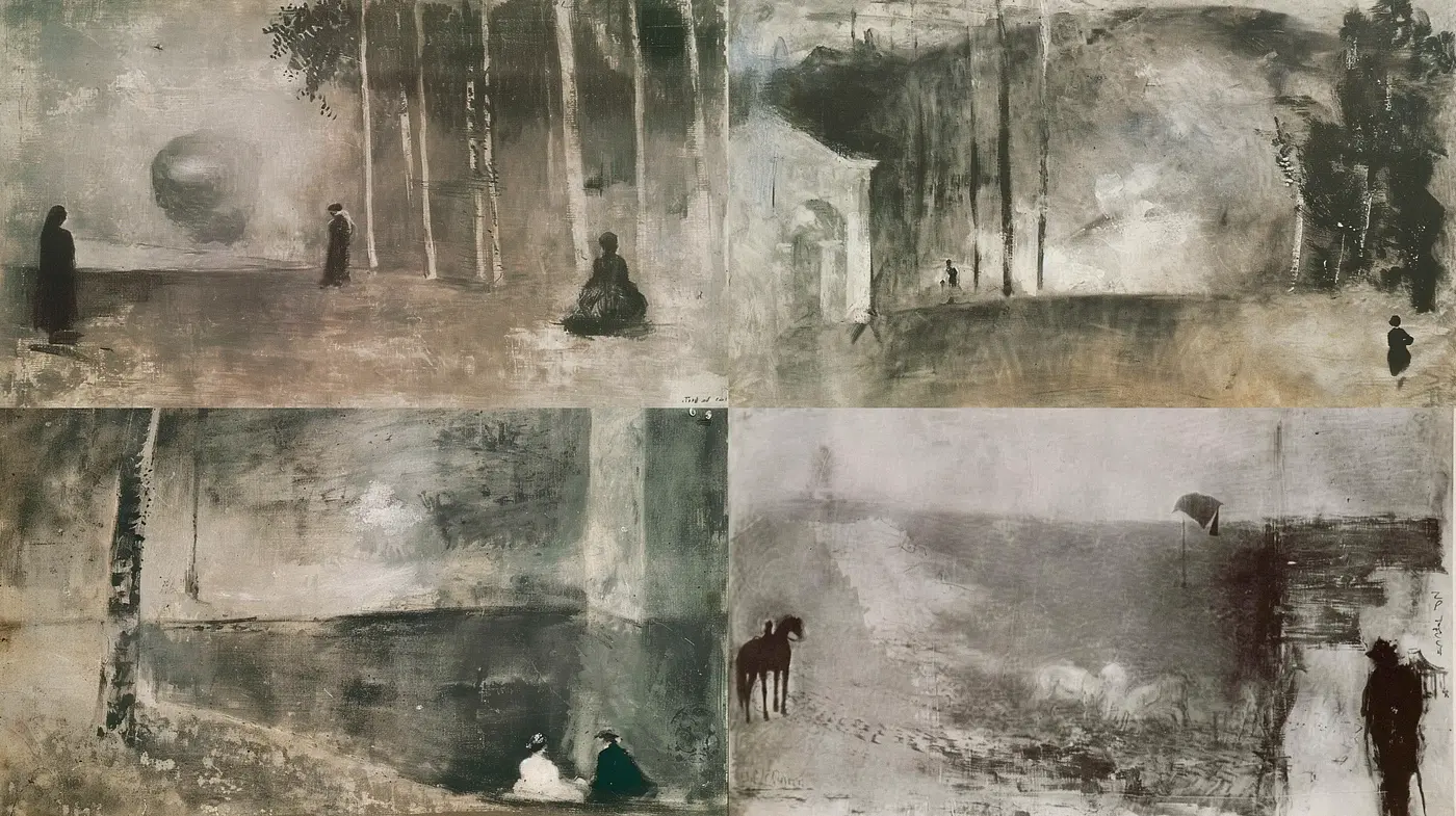 Ethereal Monochrome Visions: Dreamlike Washes and Diffused Silhouettes - Midjourney sref style