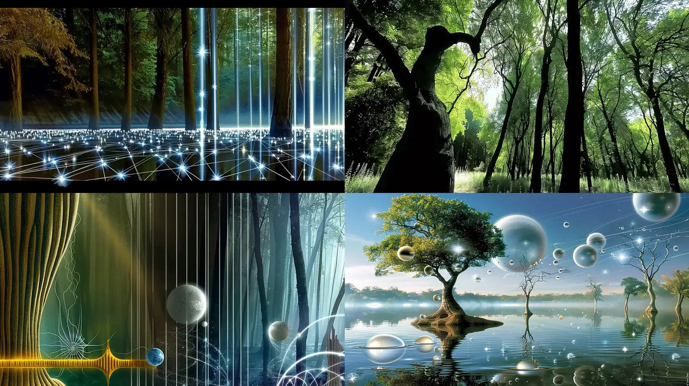 Serene Digitalized Nature: A Fusion of Technology and Forests in Artistic Harmony - Midjourney sref style