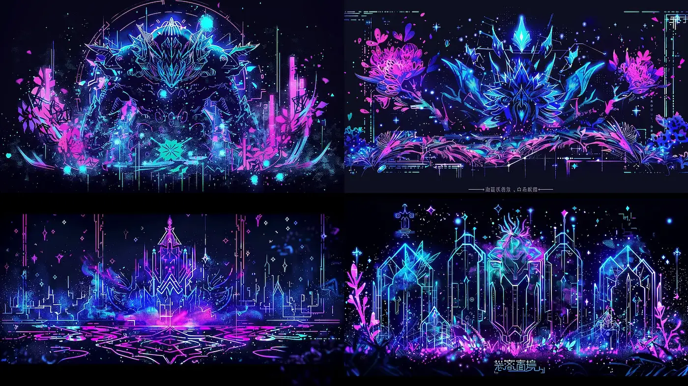 Vibrant neon fantasy with organic-tech interplay in dark settings - Midjourney sref style