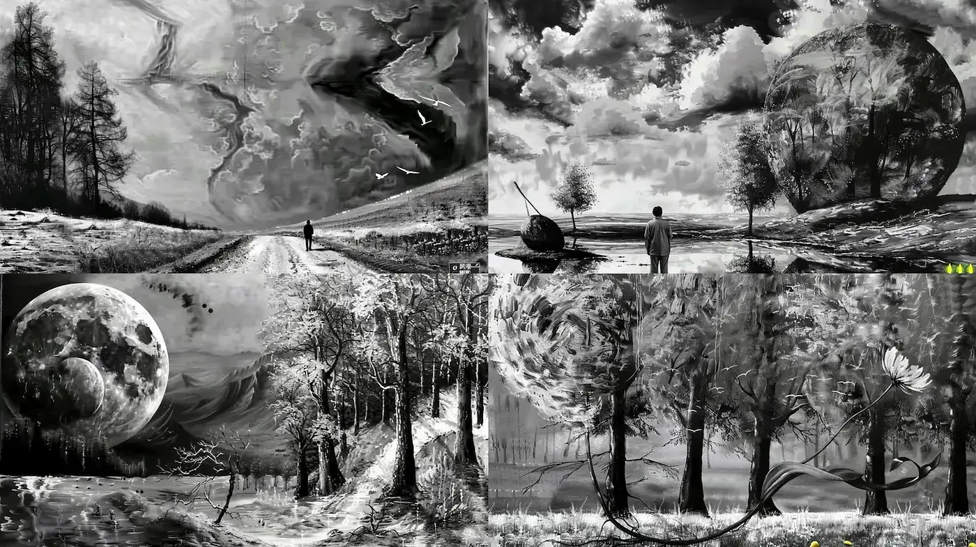 Mysterious and Ethereal Monochrome Landscapes with Surreal Elements - Midjourney sref style