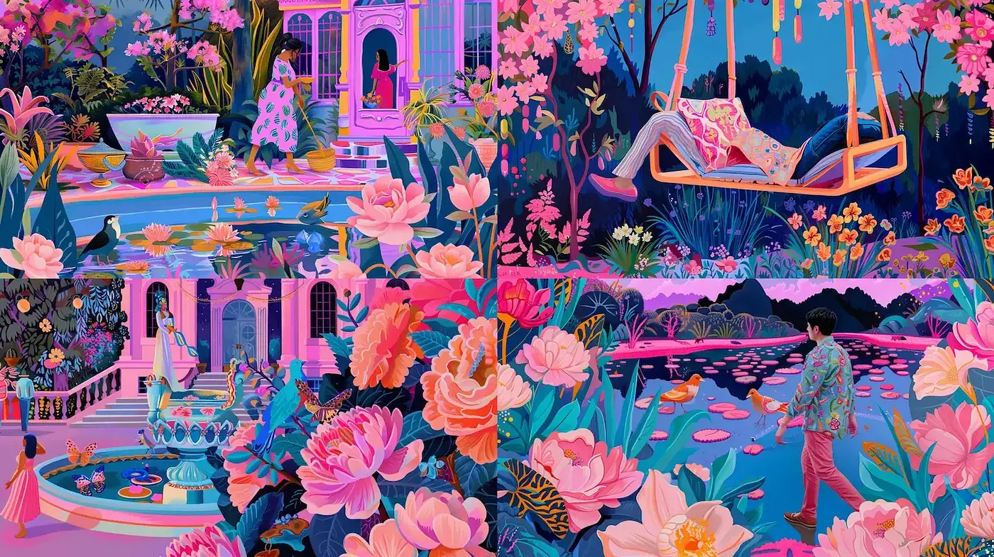 Vibrant and Whimsical Floral Fantasy with an Exotic Jungle Vibe - Midjourney sref style