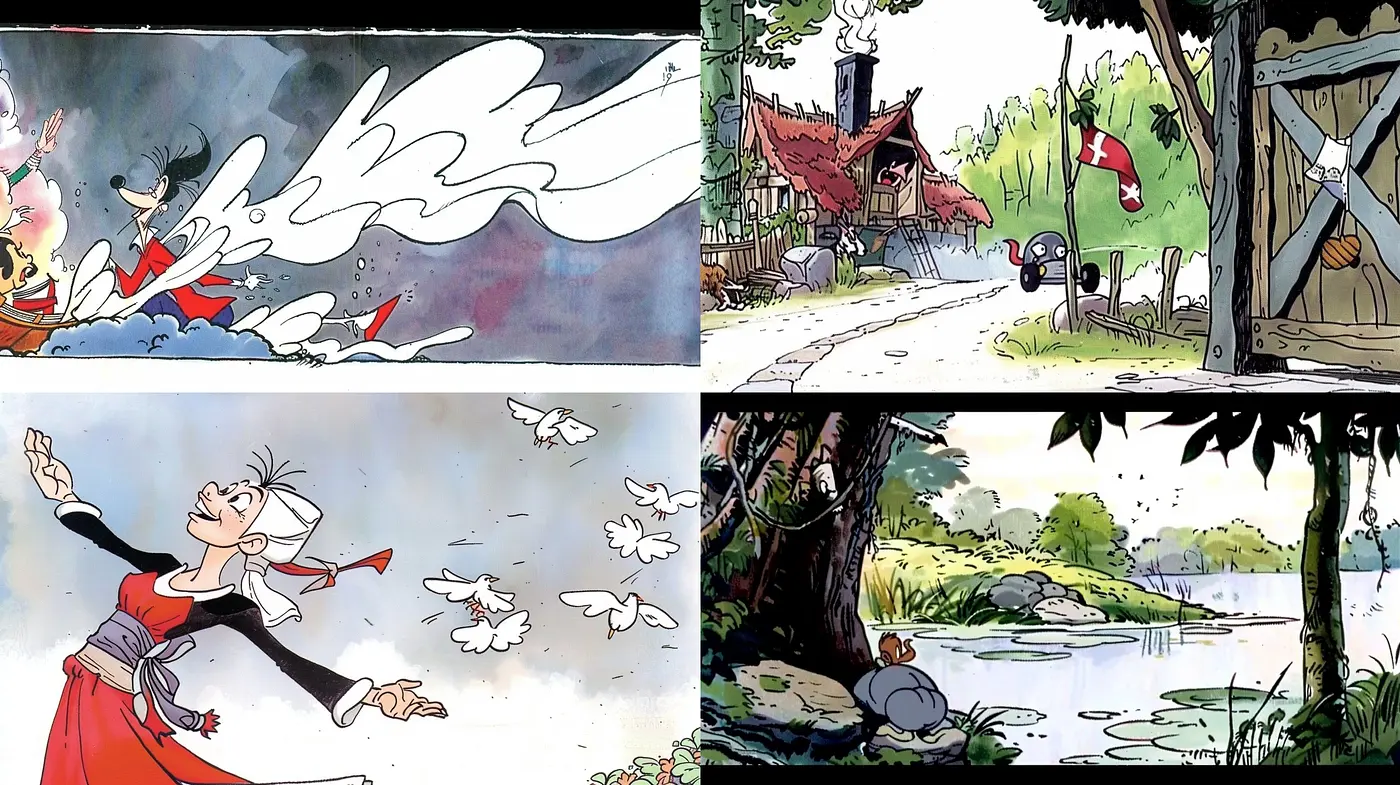 Whimsical Watercolor Narratives: A Fusion of Cartoon Illustration and Expressive Brushwork - Midjourney sref style