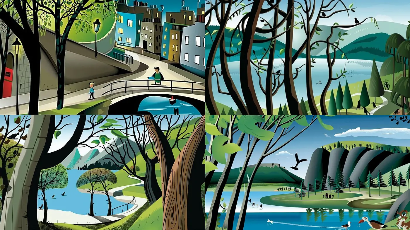 Consistent Elements of Stylized Nature Scapes in Subdued Colors - Midjourney sref style
