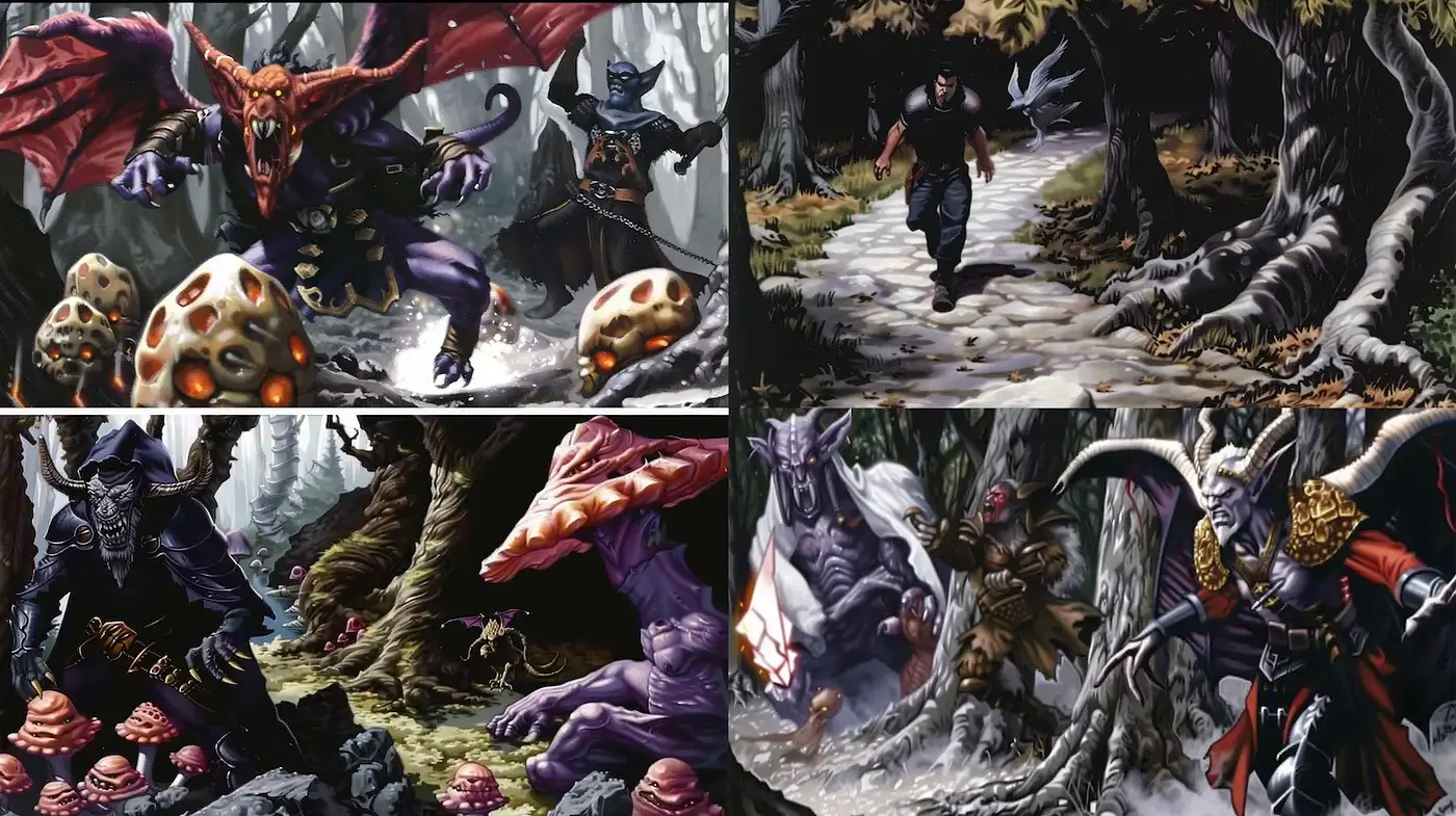 Dynamic Fantasy Adventure Scene with Dark Tones and Rich Textures - Midjourney sref style