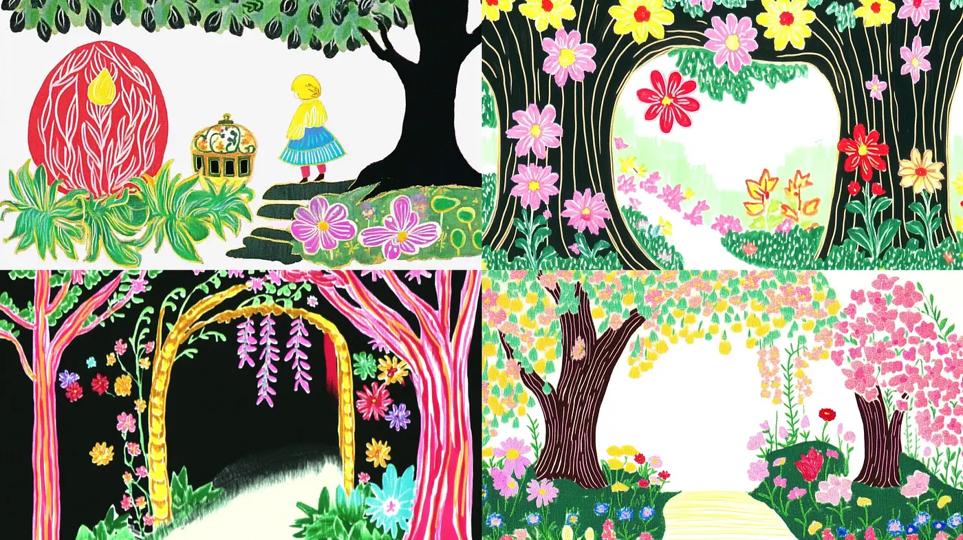 Whimsical Fairytale Gardens with Bold Contrasts and Vivid Florals - Midjourney sref style
