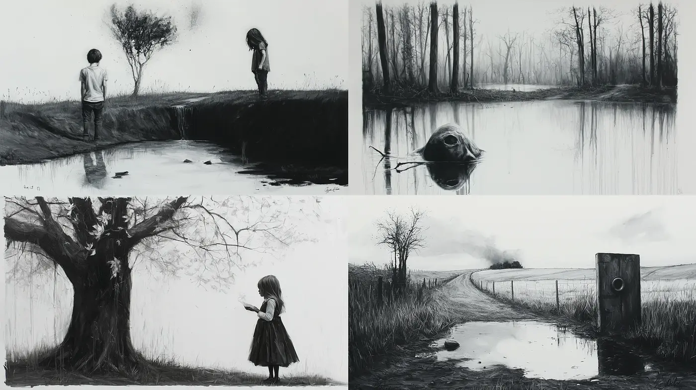 Monochromatic Serenity: A Harmonious Blend of Solitude and Nature in Charcoal Shades - Midjourney sref style