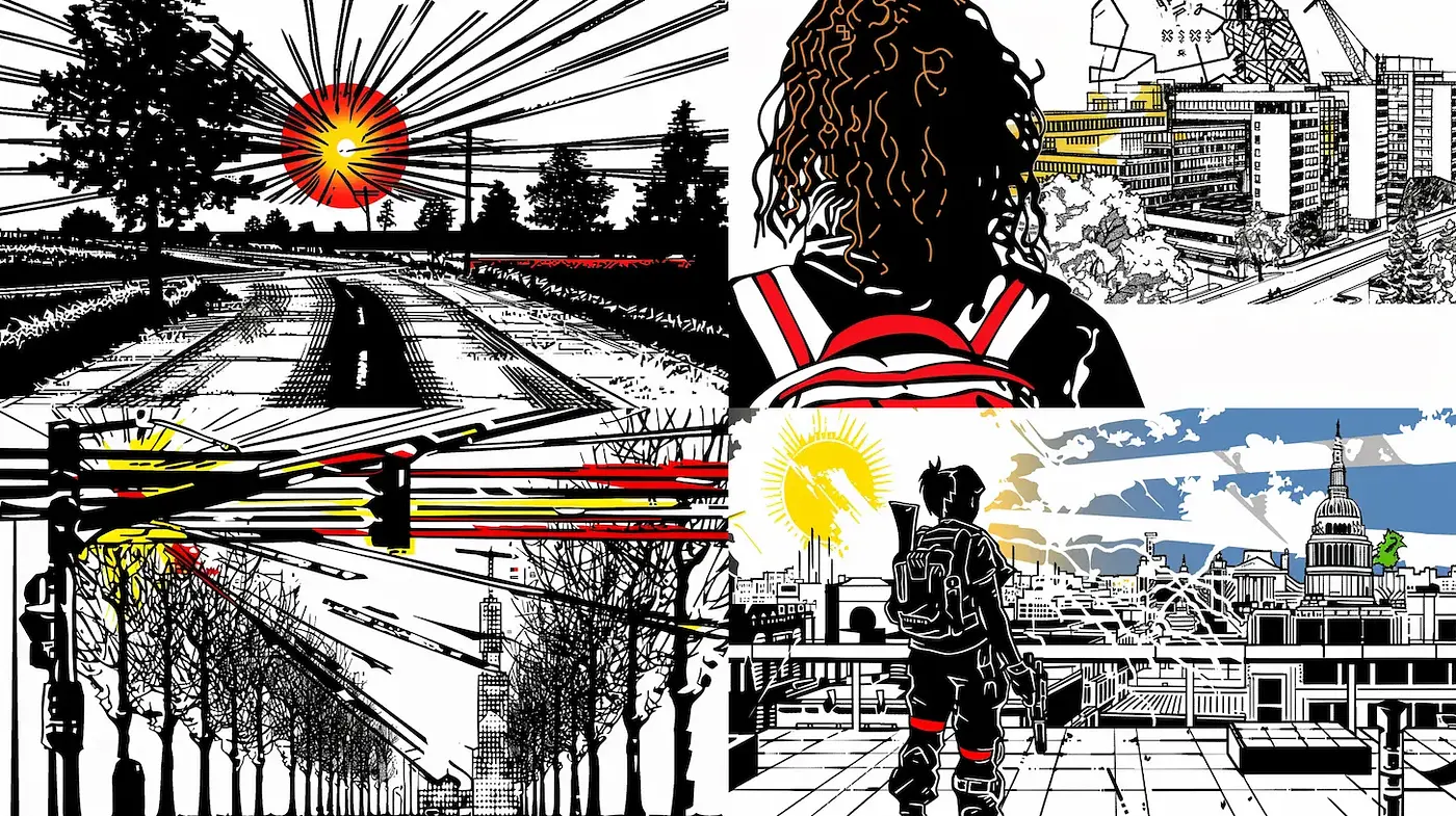 Dynamic and illustrative blend of urban landscapes and emotive figures - Midjourney sref style