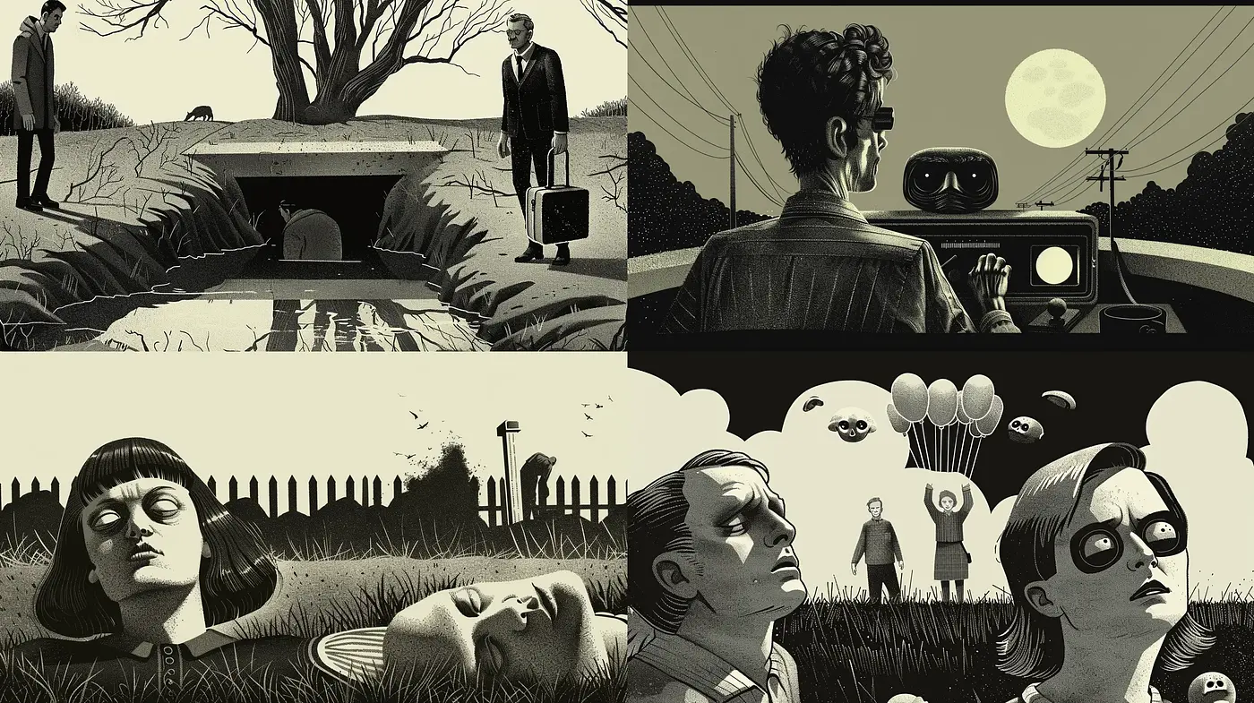 Monochromatic Surreal Vignettes in Graphic Novel Style - Midjourney sref style