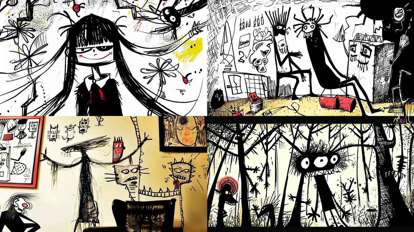 Whimsical Doodles in Monochrome and Accents of Red - Midjourney sref style