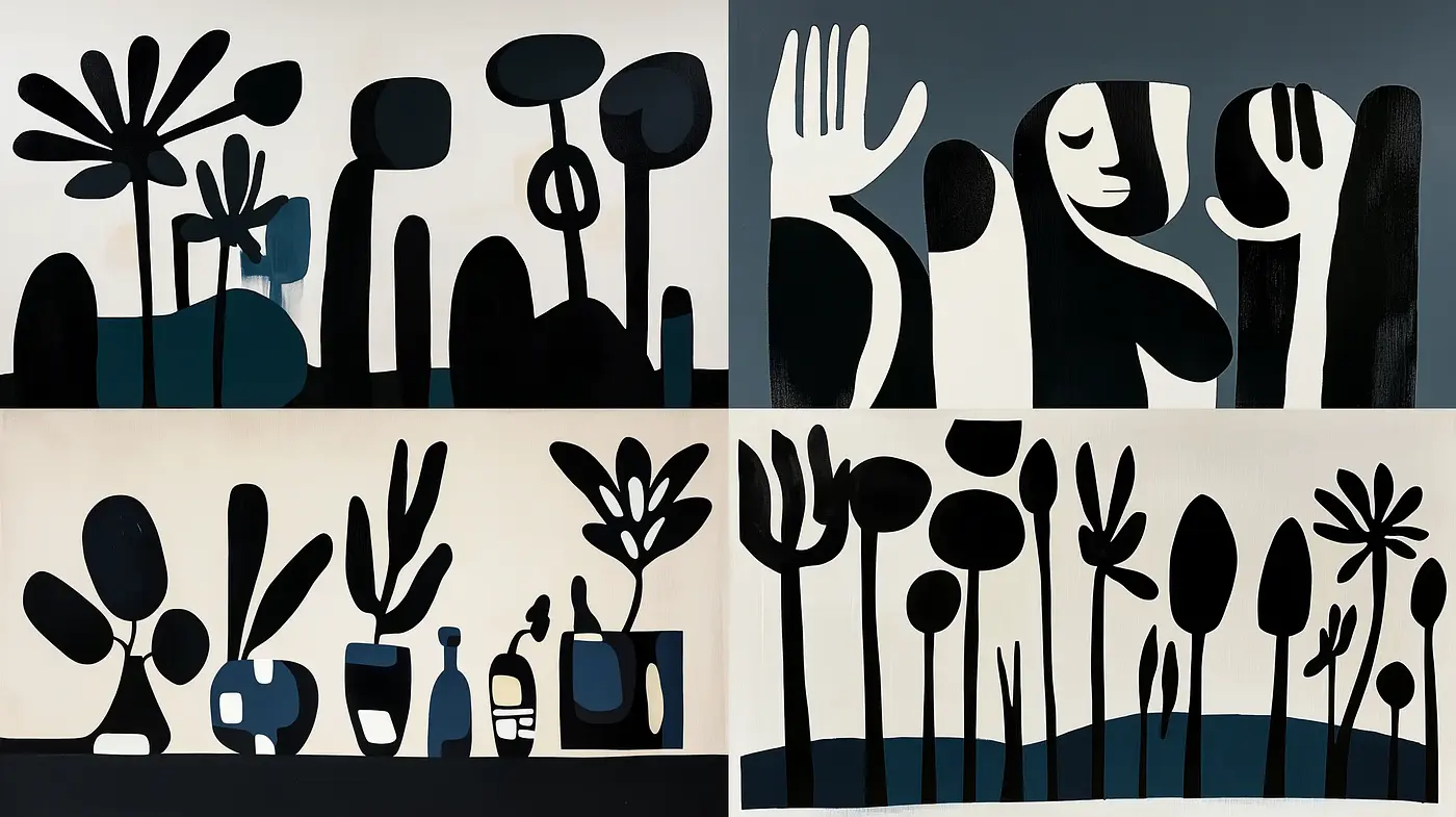Abstract Silhouette Harmony with Monochromatic Tones - Midjourney sref style