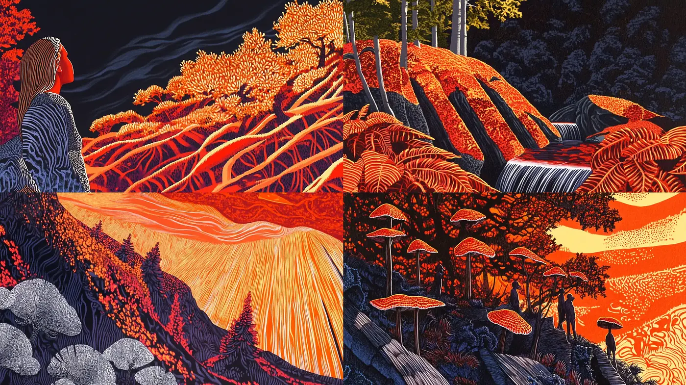 Fiery Dreamscape: Stylized Nature in Vivid Contrast - Midjourney sref style