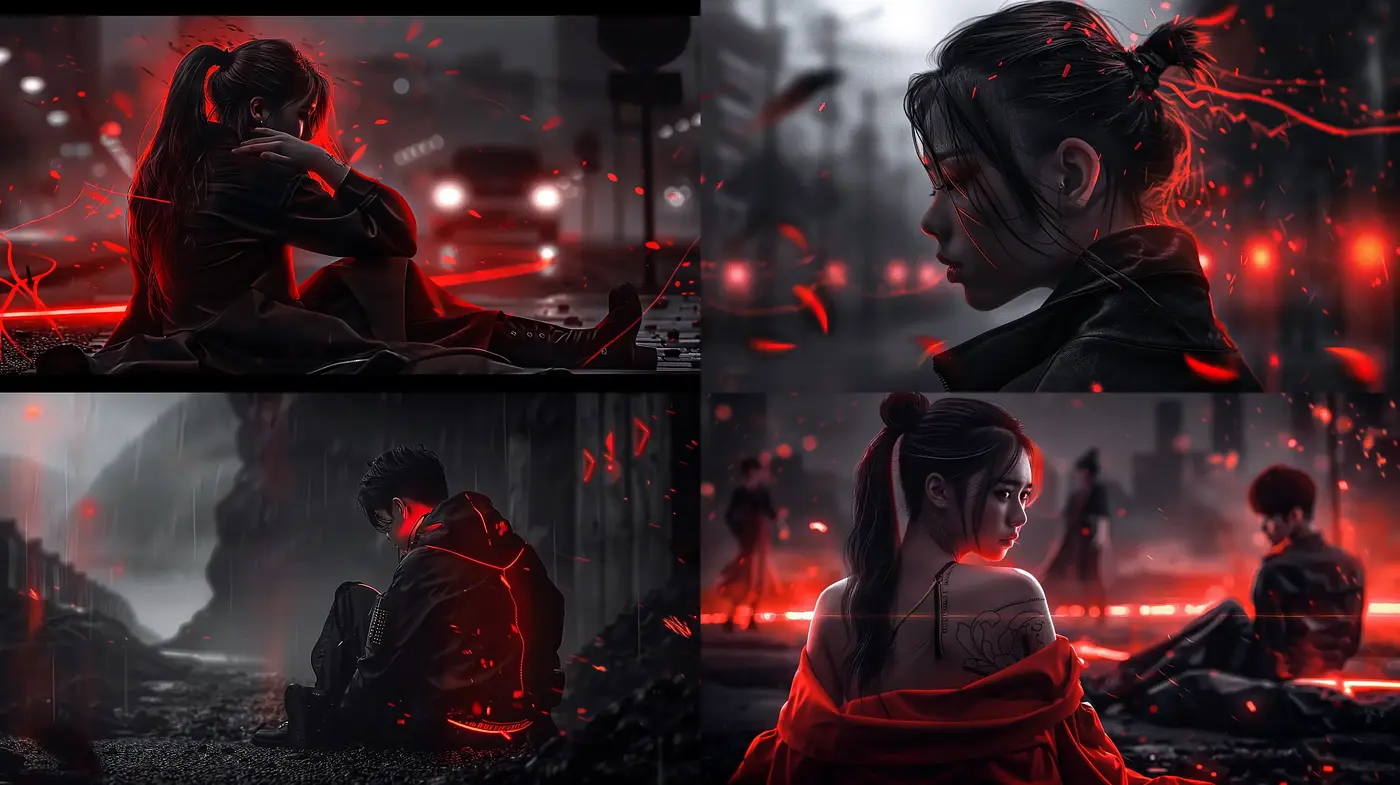 Cinematic Noir with a Red Emphasis: A Study in Contrast and Mood - Midjourney sref style