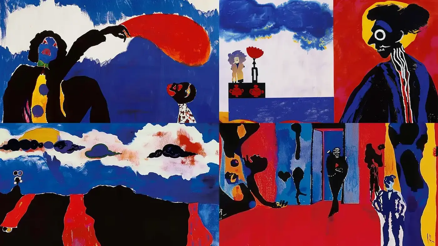 Bold and Expressive Colorful Composition with Surreal Elements - Midjourney sref style