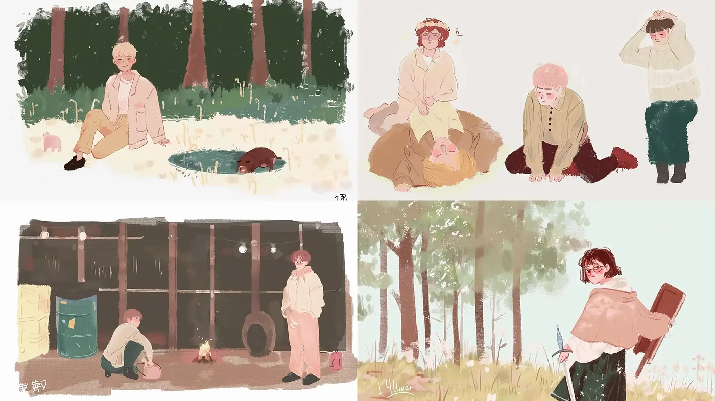 Serene Pastoral Scenes with a Modern Storybook Aesthetic - Midjourney sref style