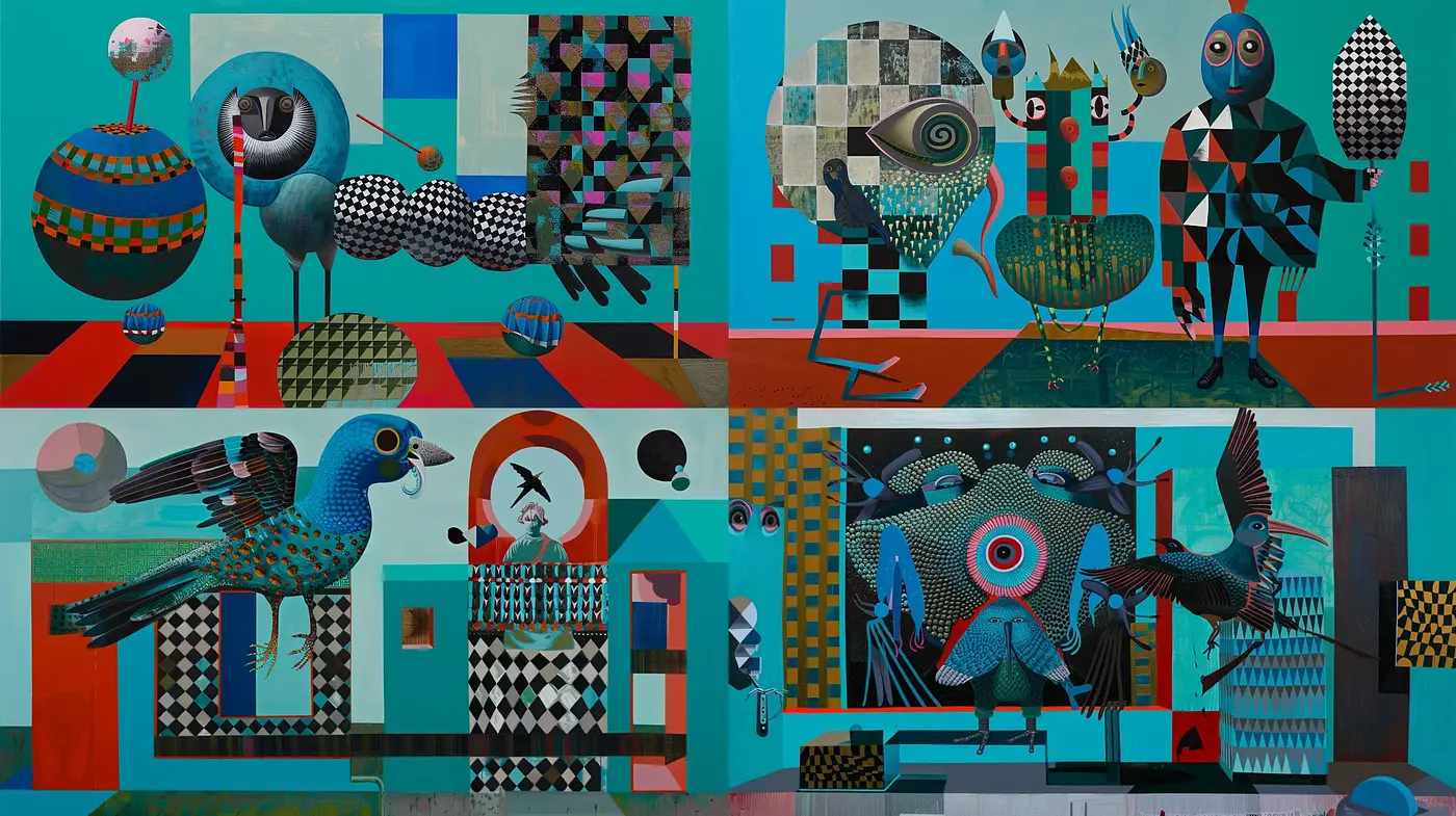 Checkered Dreamscape: A Fusion of Geometric Surrealism and Abstract Expressionism - Midjourney sref style
