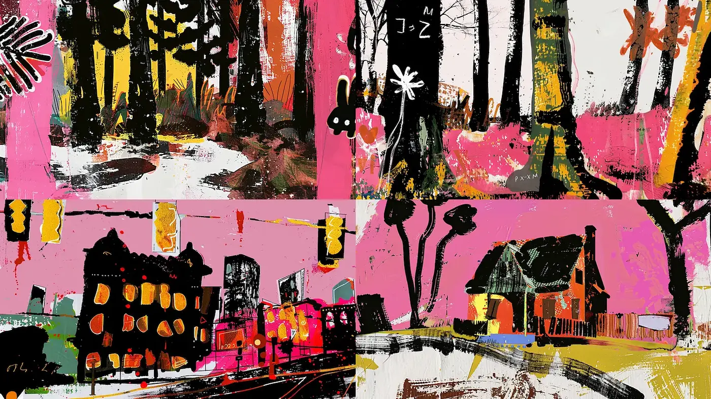 Expressive, vibrant urban landscape with abstract elements - Midjourney sref style