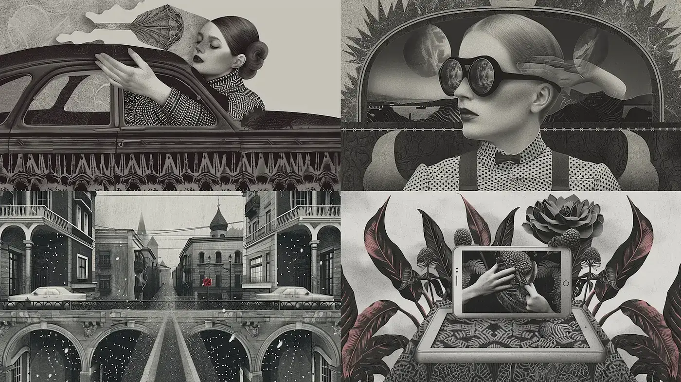 Intricate monochrome surrealism with vintage elegance - Midjourney sref style