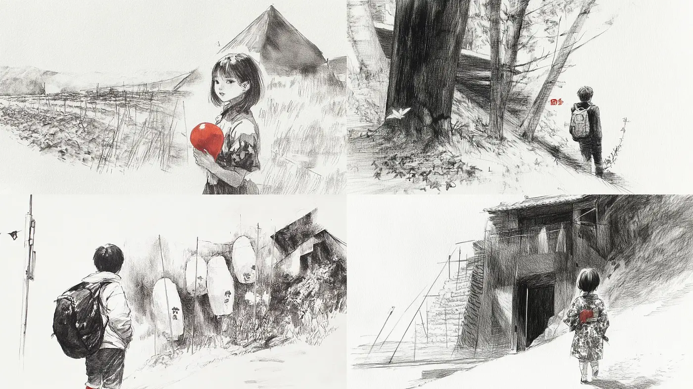 Monochromatic Whispers of Nostalgia: A Harmonious Blend of Ink and Imagination - Midjourney sref style