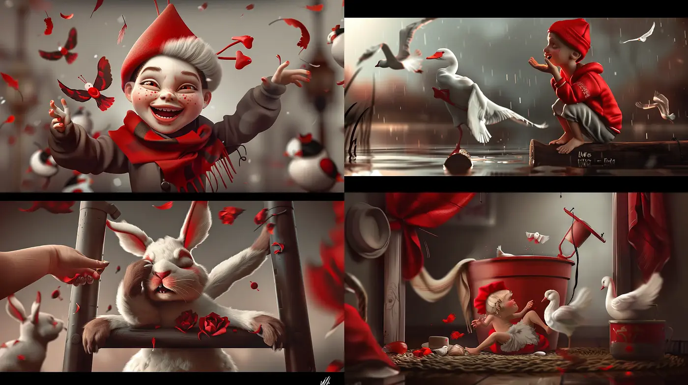 Harmonious Sepia-Toned Scenes with Vivid Red Accents - Midjourney sref style