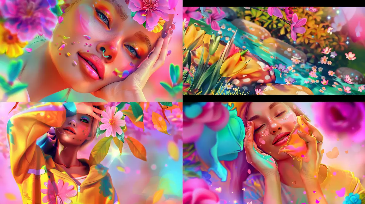 Efflorescent Dreamscape: A Vivid Synthesis of Botanical Imagery and Luminescent Hues - Midjourney sref style