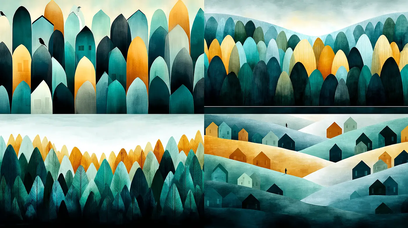 Whimsical and Colorful Abstract Landscapes with Geometric Forms - Midjourney sref style