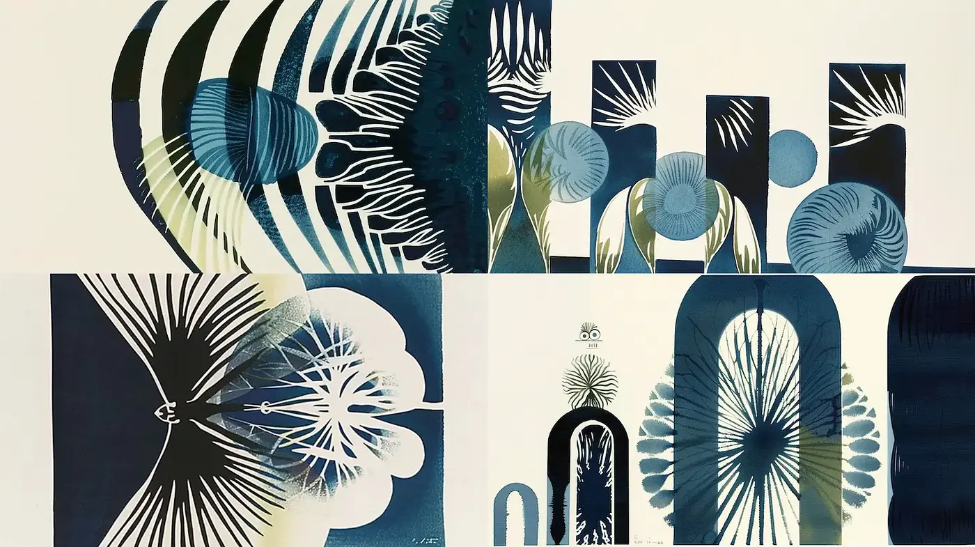 Exploration of Abstract Shapes with Organic Motifs and Monochromatic Tones - Midjourney sref style