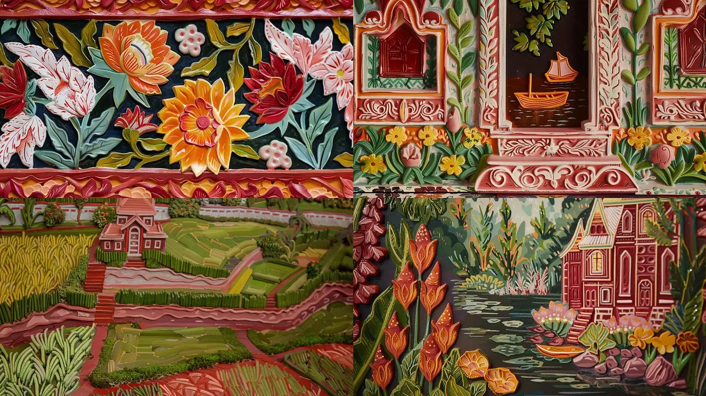 Vibrantly Textured Pastoral Tapestry - Midjourney sref style
