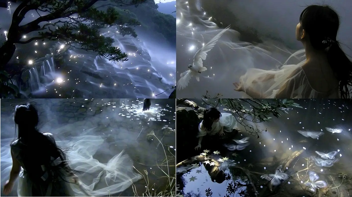 Enchanted Nocturnal Dreamscape with Ethereal Lighting and Translucent Fabrics - Midjourney sref style