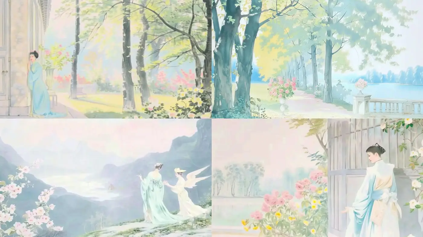 Ethereal Pastel Dreamscape with an East Asian Watercolor Essence - Midjourney sref style