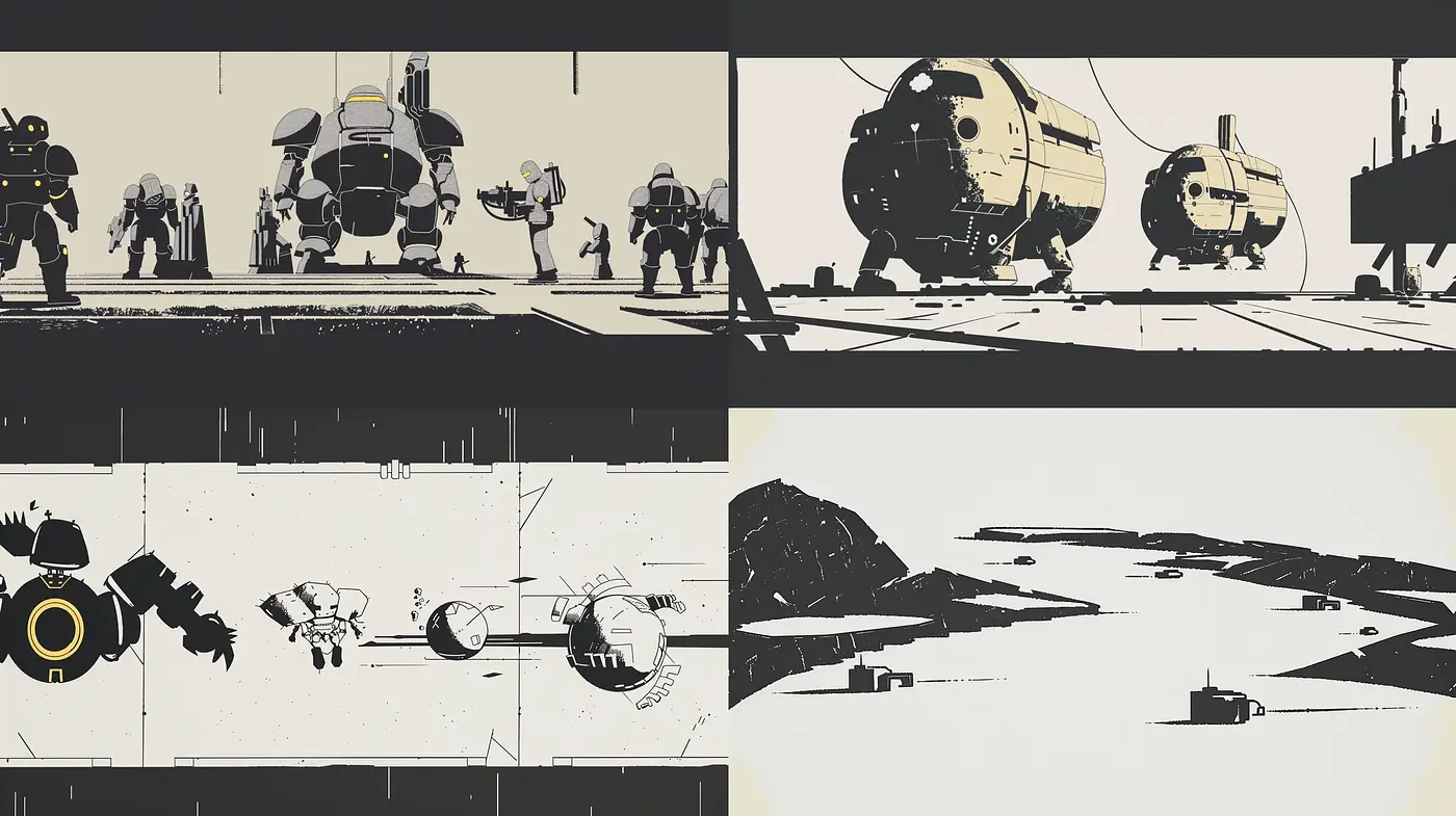 Monochromatic Silhouette Visions of Futuristic Environments - Midjourney sref style
