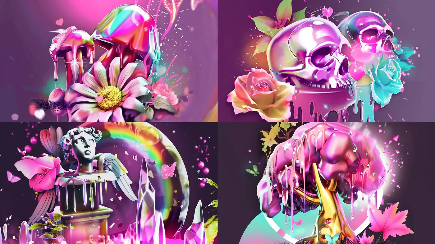 Surrealistic Neon Dreamscape with Floral and Skull Motifs - Midjourney sref style