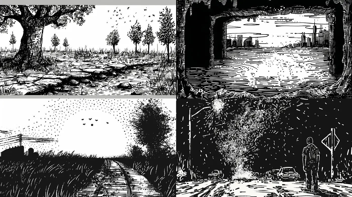 Monochromatic Ink Wash Essence with Graphic Novel Undertones - Midjourney sref style