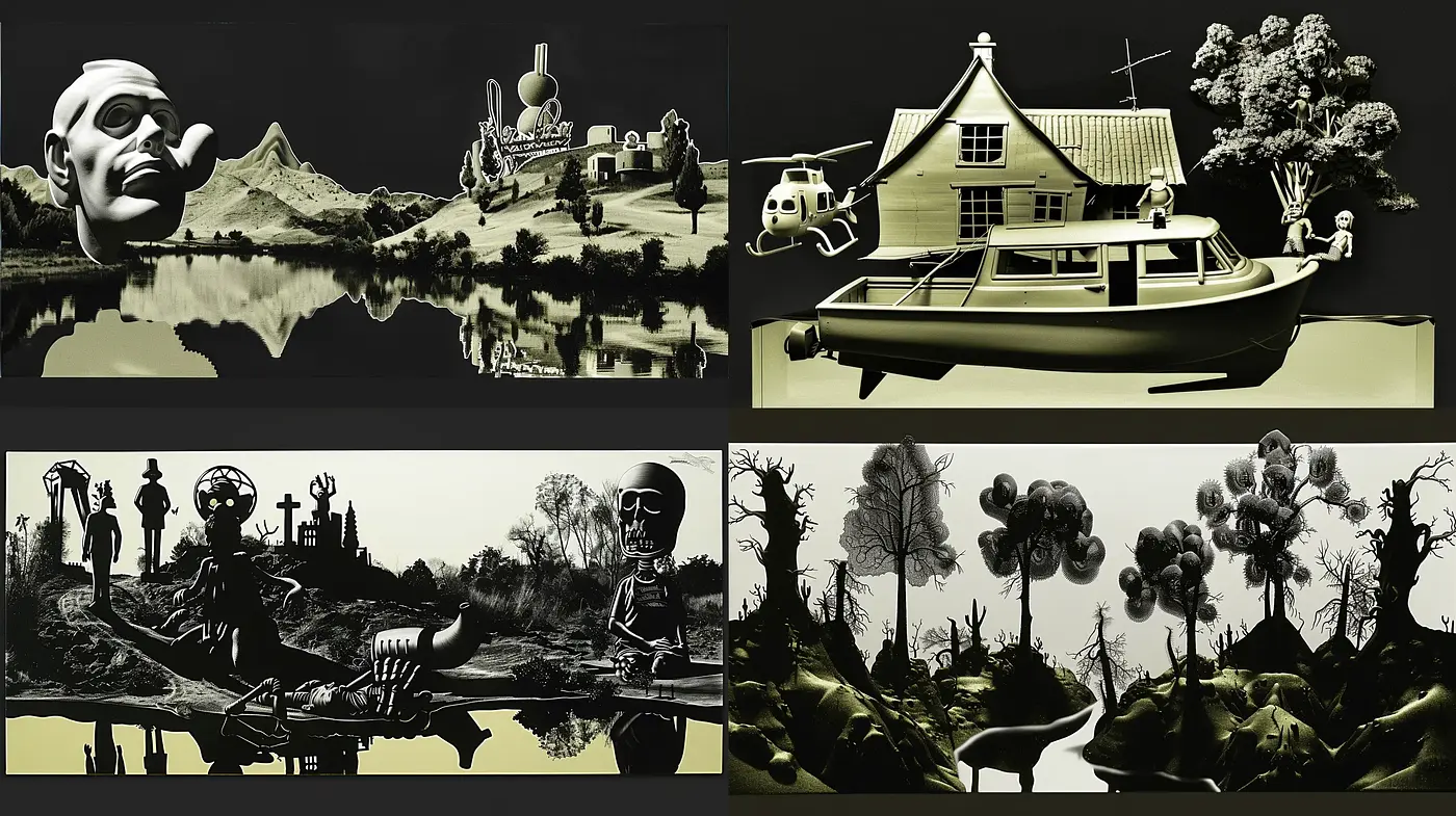 Surreal Dystopian Dreamscape: Monochromatic Reflections on the Edge of Reality - Midjourney sref style