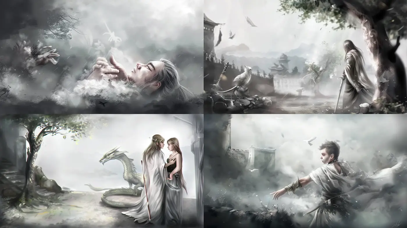 Ethereal Monochrome Dreamscapes with Surreal Elements - Midjourney sref style