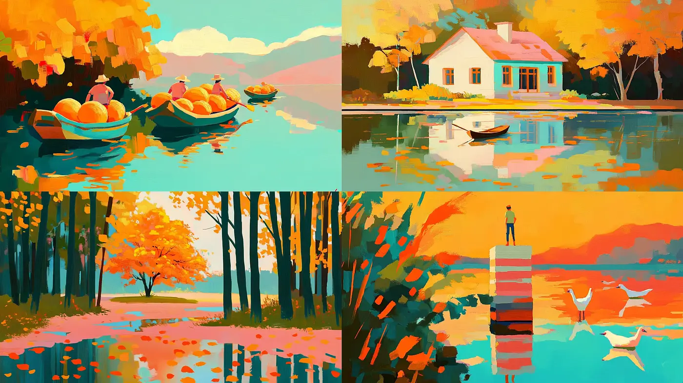 Harmonious Autumnal Hues in Stylized Pastoral Vistas - Midjourney sref style