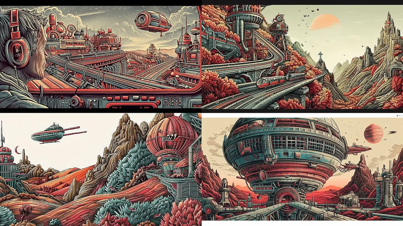 Futuristic landscapes reflecting retro-futurism with intricate line art and a muted palette - Midjourney sref style