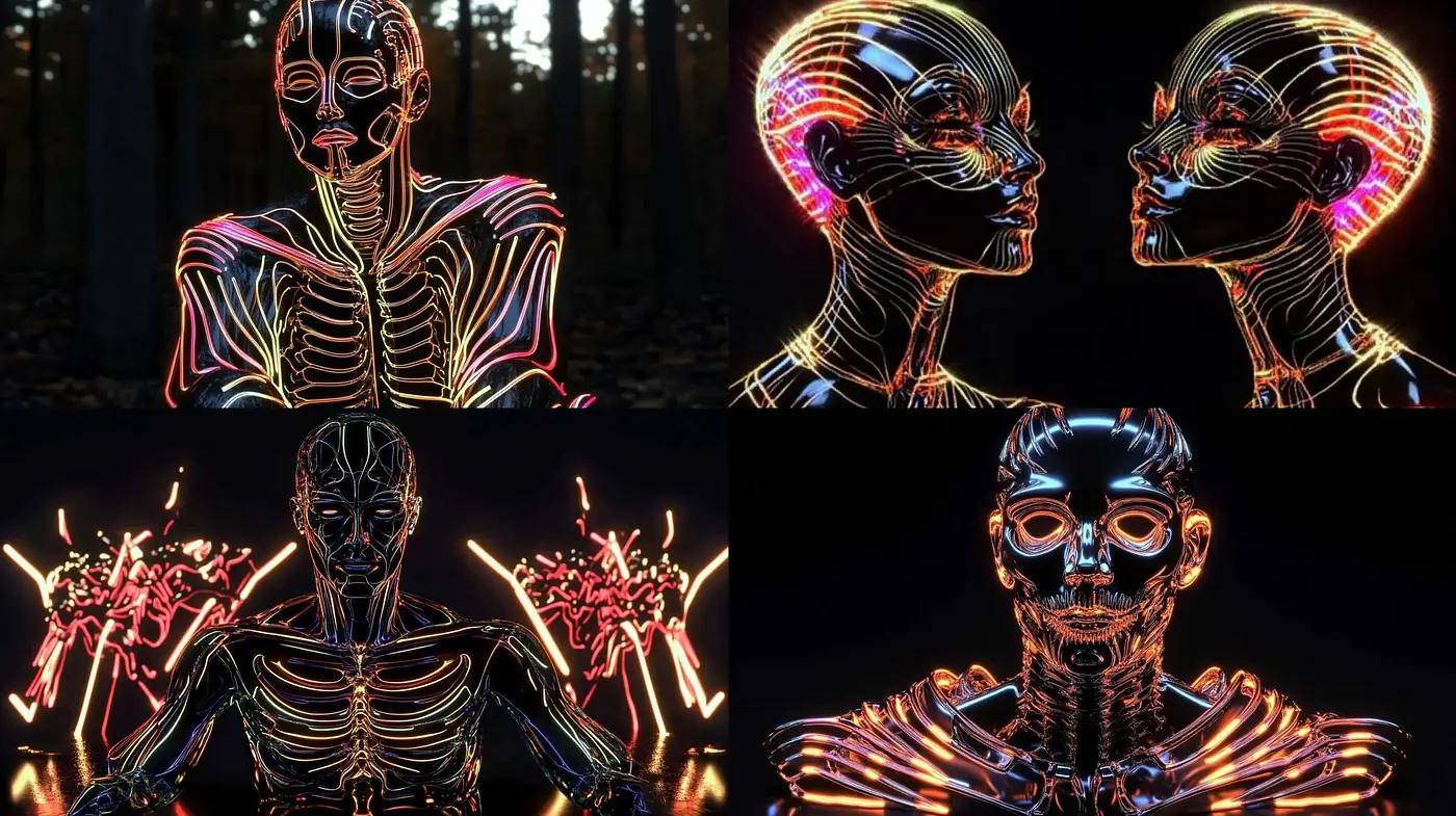 Neon Skeletal Radiance: Cyberpunk meets Anatomical Art - Midjourney sref style