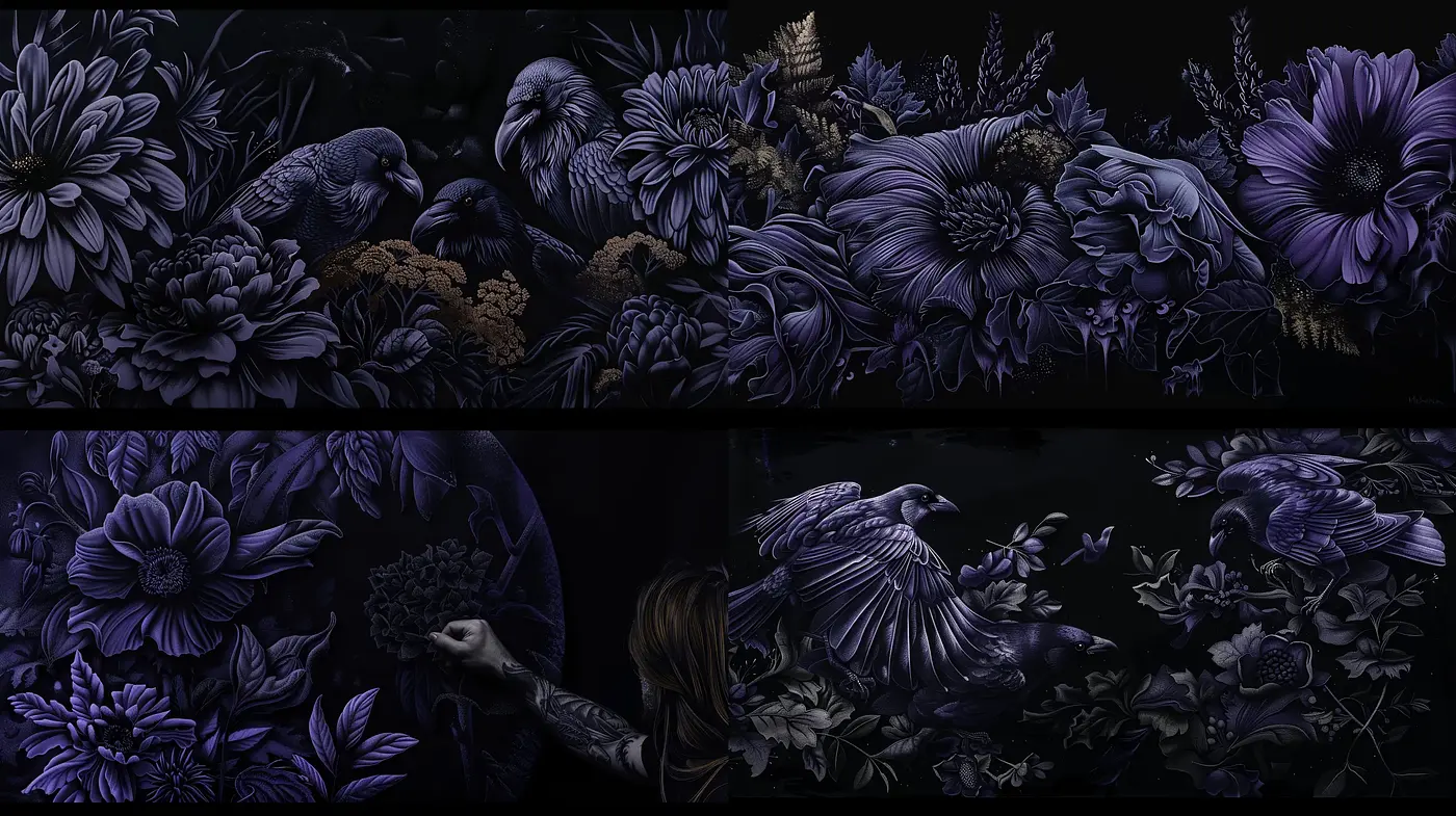 Midnight Flora and Fauna: A Lustrous Monochromatic Exploration - Midjourney sref style
