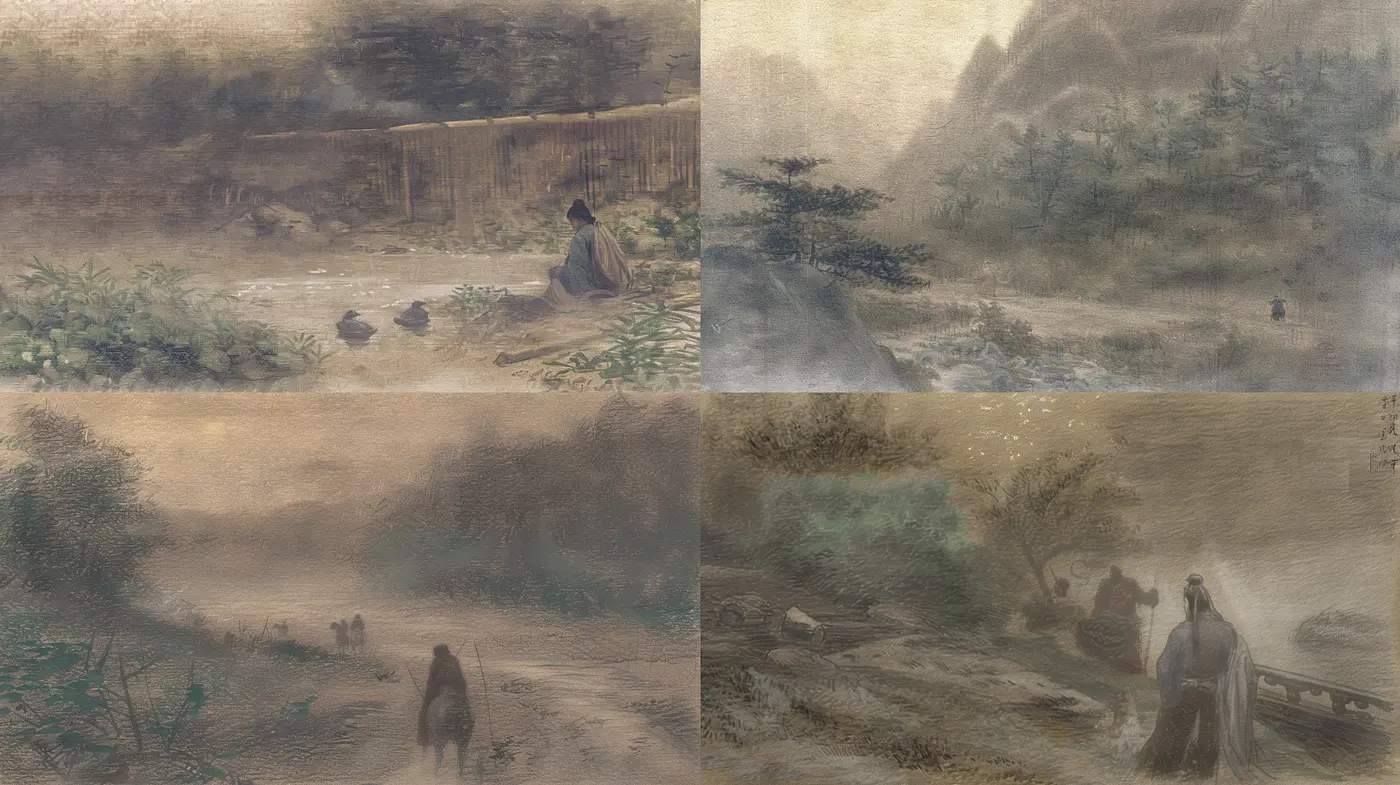 Whispers of a Misty Epoch: Ethereal Brushstrokes in Monochrome - Midjourney sref style