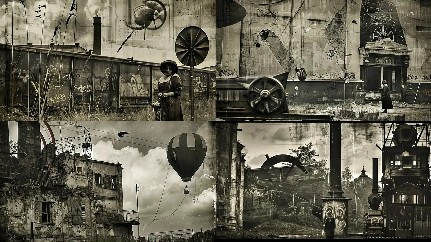 Industrial Reverie: A Sepiatone Journey Through Time - Midjourney sref style