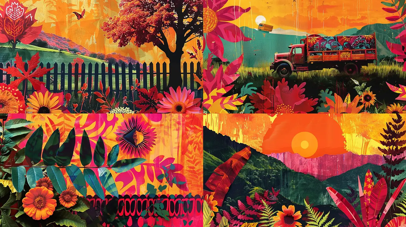 Vibrant Collage of Nature's Hues: A Cross-Medium Flourish - Midjourney sref style